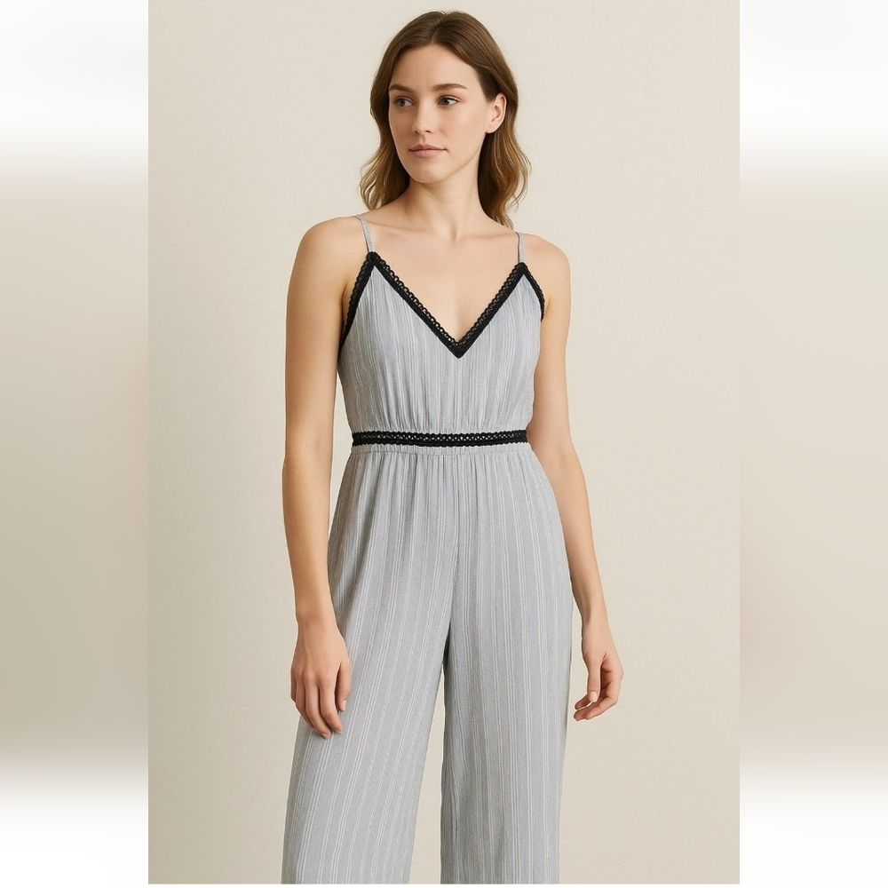 Japna Blue White Striped Embroidered Jumpsuit